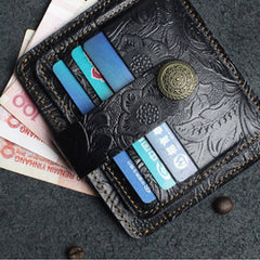 Handmade Leather Floral Mens Cool Front Pocket Wallet billfold Wallet Card Holder Small Card Slim Wallets for Men