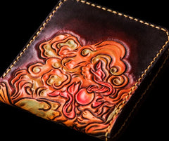 Handmade Leather Chinese Lion Tooled Mens billfold Wallet Cool Leather Wallet Slim Wallet for Men