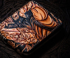 Handmade Leather Chinese Black&White Tooled Mens billfold Wallet Cool Leather Wallet Slim Wallet for Men