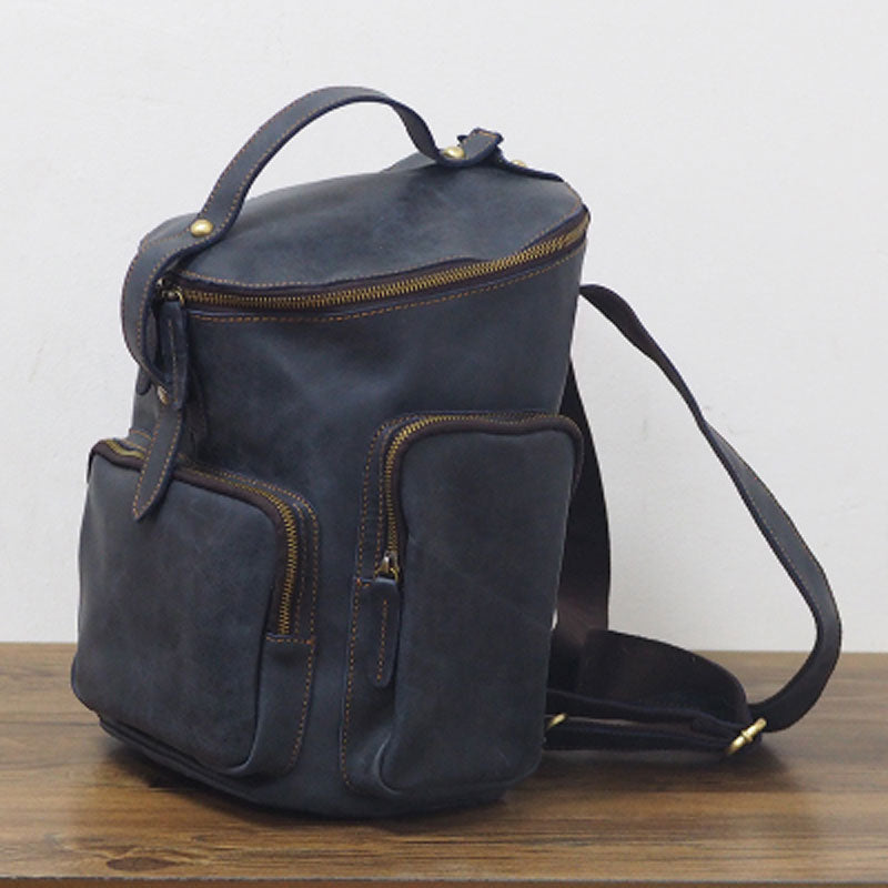 Blue Cool Mens Leather Hiking Backpack Travel Backpack Leather Backpack for Men - iwalletsmen