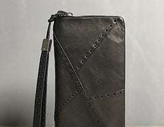 Handmade Genuine Leather Mens Cool Long Leather Wallet Biker Wallet Zipper Clutch Wristlet Wallet for Men