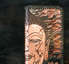 Handmade Leather Mens Clutch Wallet Tooled Cool Buddha Wallet Long Zipper Wallets for Men