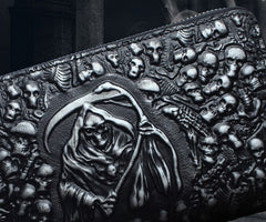 Handmade Leather Mens Tooled Skull Death Cool Zipper Phone Travel Long Wallet Card Holder Card Slim Clutch Wallets for Men