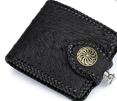 Handmade Leather Ostrich skin Mens billfold Wallet Cool Chain Wallet Biker Wallet for Men