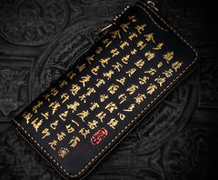Handmade Leather Mens Chain Chinese Handwriting Biker Wallet Cool Leather Wallet Long Phone Wallets for Men
