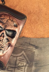 Handmade Genuine Leather Mens Clutch Cool Long Wallet Skull Zipper Clutch Wristlet Wallet for Men