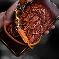 Handmade Leather Tooled Ganesh Mens Chain Biker Wallet Cool Leather Wallet Zipper Long Phone Wallets for Men