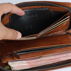 Handmade Leather Mens Cool Long Leather Wallet Zipper Phone Clutch Wallet