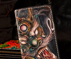 Handmade Leather Mens Clutch Wallet Cool Chinese Dragon Tooled Wallet Long Zipper Wallets for Men