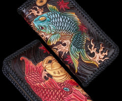 Handmade Leather Mens Clutch Wallet Tooled Cool Carp Wallet Long Zipper Wallets for Men