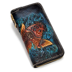 Handmade Leather Carp Mens Chain Biker Wallet Cool Leather Wallet Long Phone Wallets for Men