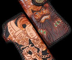 Handmade Mens Cool Tooled Zhong Kui demon Leather Chain Wallet Biker Trucker Wallet with Chain