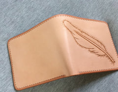 Handmade Leather Mens Tooled Feather Cool billfold Leather Wallet Men Small Wallets Bifold for Men