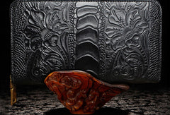 Handmade Leather Mens Tooled Floral Cool Zipper Phone Travel Long Wallet Card Holder Card Slim Clutch Wallets for Men