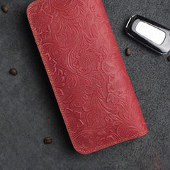 Handmade Leather Floral Mens Cool Travel Long Wallet Card Holder Card Slim Clutch Wallets for Men