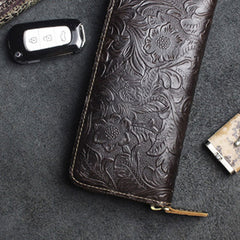 Handmade Leather Floral Mens Cool Travel Long Wallet Card Holder Card Slim Clutch Wallets for Men