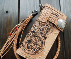 Handmade Leather Biker Wallet Tooled Floral Mens Cool Chain Wallet Trucker Wallet with Chain
