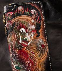 Handmade Leather Tooled Mahākāla Mens Chain Biker Wallet Cool Leather Wallet Long Clutch Wallets for Men