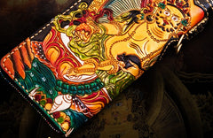 Handmade Leather Tooled Yellow Jambhala Mens Chain Biker Wallet Cool Leather Wallet Zipper Long Phone Wallets for Men