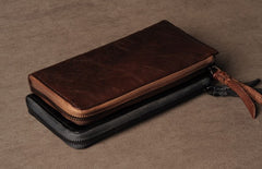 Genuine Leather Mens Cool Long Leather Wallet Cards Phone Zipper Clutch Wristlet Wallet for Men