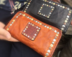 Genuine Leather Mens Cool Long Leather Wallet Biker Wallet Zipper Clutch Wallet for Men