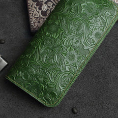 Handmade Leather Floral Mens Cool Travel Long Wallet Card Holder Card Slim Clutch Wallets for Men