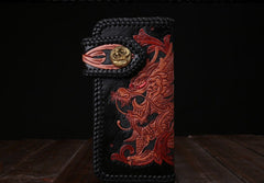Handmade Mens Cool Tooled Chinese Dragon Leather Chain Wallet Biker Trucker Wallet with Chain