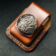 Brown Handmade Leather Mens Chinese Lion Zippo Lighter Holders Lighter Case For Men - iwalletsmen