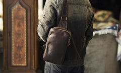Handmade Leather Mens Cool Chest Bag Sling Bag Crossbody Bag Travel Bag Hiking Bag for men