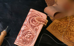 Handmade Mens Cool Tooled Floral Leather Chain Wallet Biker Trucker Wallet with Chain - iwalletsmen
