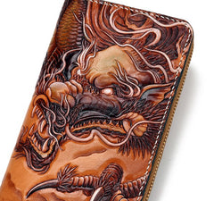 Handmade Leather Tooled Chinese Dragon Tiger Mens Chain Biker Wallet Cool Leather Wallet Zipper Long Phone Wallets for Men