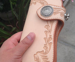 Handmade Leather Biker Wallet Tooled Floral Mens Cool Chain Wallet Trucker Wallet with Chain