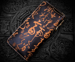 Handmade Leather Mens Chain Chinese Handwriting Biker Wallet Cool Leather Wallet Long Phone Wallets for Men