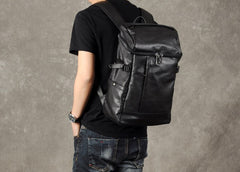 Genuine Leather Mens Cool Backpack Sling Bag Large Black Travel Bag Hiking Bag for men