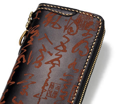Handmade Leather Mens Chain Chinese Handwriting Biker Wallet Cool Leather Wallet Long Phone Wallets for Men