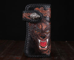 Handmade Leather Wolf Mens Chain Biker Wallet Cool Leather Wallet Long Phone Wallets for Men