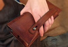 Handmade Genuine Leather Mens Cool Long Wallet Wristlet Bifold Clutch Wallet for Men