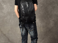 Genuine Leather Mens Cool Backpack Sling Bag Large Black Travel Bag Hiking Bag for men
