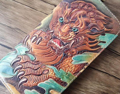 Handmade Leather Chinese Lion Tooled Mens Long Wallet Cool Leather Wallet Clutch Wallet for Men