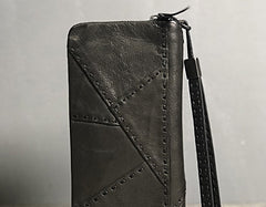 Handmade Genuine Leather Mens Cool Long Leather Wallet Biker Wallet Zipper Clutch Wristlet Wallet for Men