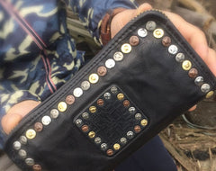 Genuine Leather Mens Cool Long Leather Wallet Biker Wallet Zipper Clutch Wallet for Men