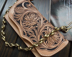 Handmade Leather Biker Wallet Tooled Floral Mens Cool Chain Wallet Trucker Wallet with Chain
