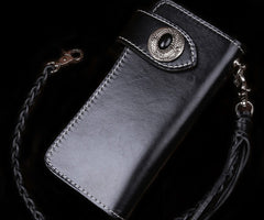 Handmade Leather Mens Cool Black Obsidian Chain Wallet Biker Trucker Wallet with Chain