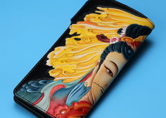 Handmade Leather Quan yin Buddha Mens Chain Biker Wallet Cool Leather Wallet With Chain Wallets for Men