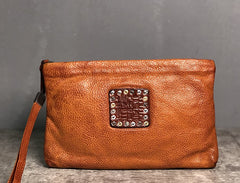 Handmade Genuine Leather Mens Clutch Cool Slim Wallet Zipper Clutch Wristlet Wallet for Men