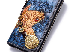 Handmade Leather Carp Mens Chain Biker Wallet Cool Leather Wallet Long Phone Wallets for Men
