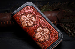 Handmade Leather Mens Clutch Wallet Cool Floral Tooled Wallet Long Zipper Wallets for Men