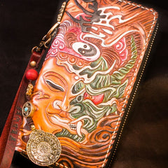 Handmade Leather Tooled Buddha Mens Chain Biker Wallet Cool Leather Wallet Long Phone Wallets for Men