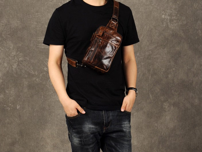 Genuine Leather Mens Cool Chest Bag Sling Bag Crossbody Bag Travel Bag ...