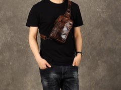 Genuine Leather Mens Cool Chest Bag Sling Bag Crossbody Bag Travel Bag Hiking Bag for men